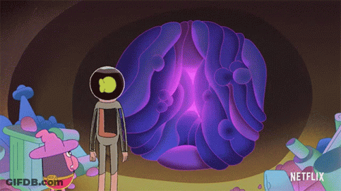 Cartoon Character Next To Purple Brain With Netflix Logo GIF