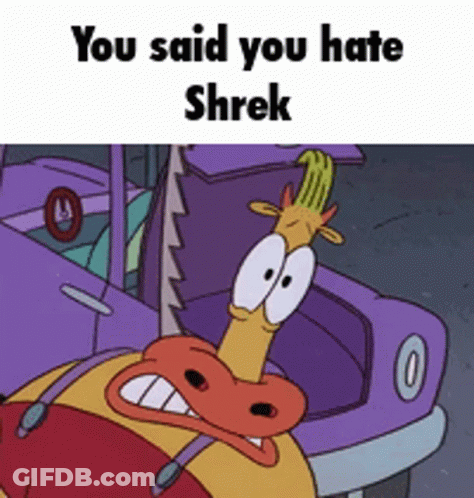 Cartoon Character Next To Purple Car Says You Hate Shrek GIF