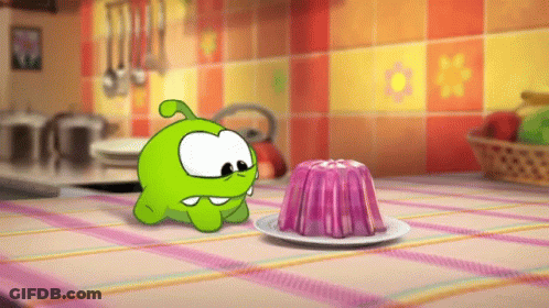Cartoon Character Next To Purple Jelly On Plate GIF
