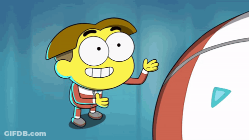 Cartoon Character Next To Red And White D Object GIF