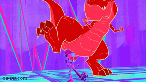 Cartoon Character Next To Red Dinosaur GIF