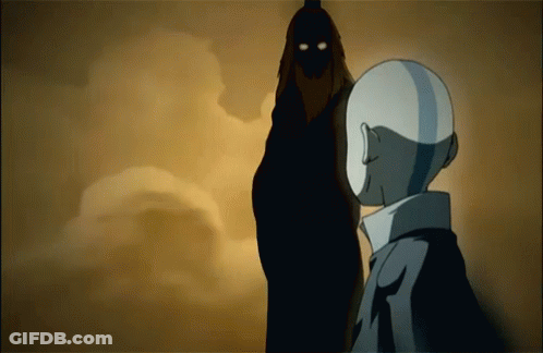 Cartoon Character Next To Shadowy Figure With Glowing Eyes GIF