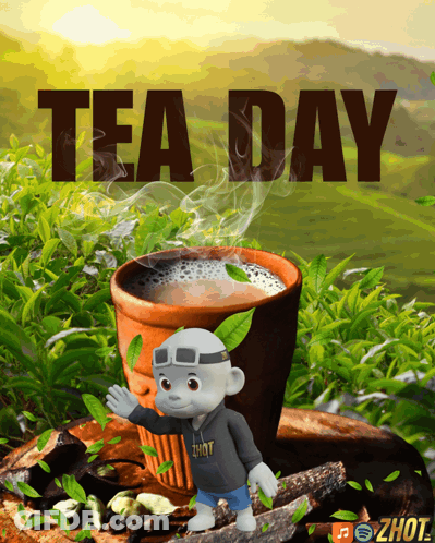 Cartoon Character Next To Tea Day Cup GIF