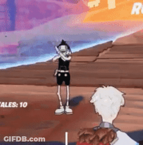 Cartoon Character On Beach Arms Crossed In Front Of Man GIF