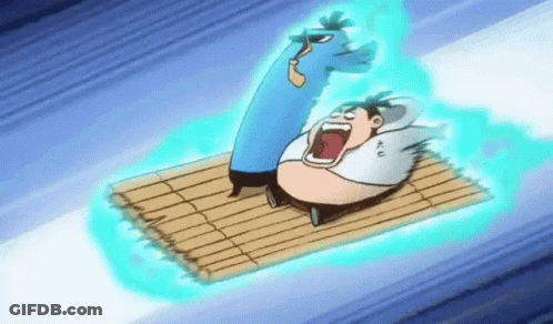Cartoon Character On Raft With Blue Monster GIF