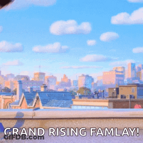 Cartoon Character On Roof Saying Grand Rising Famlay GIF