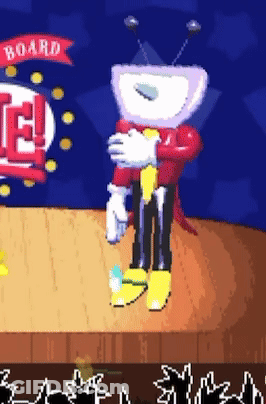 Cartoon Character On Stage Saying Board GIF