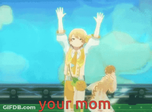 Cartoon Character On Stage With Hands Up Your Mom GIF