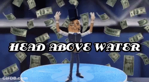 Cartoon Character On Stage With Money Falling And Head Above Water GIF