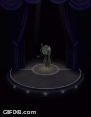 Cartoon Character On Stage With Purple Curtains GIF