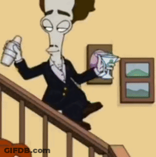 Cartoon Character On Staircase Holding Martini Glass And Spray Bottle GIF