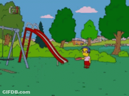Cartoon Character Playing Frisbee In Park With Slide And Swings GIF