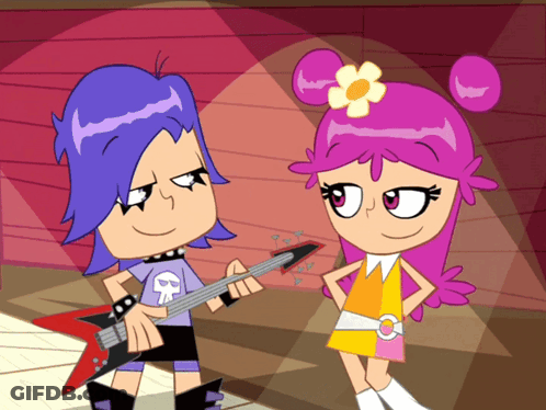 Cartoon Character Playing Guitar Next To Another GIF