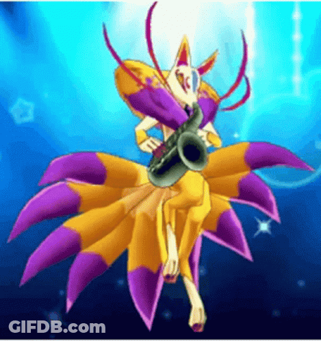 Cartoon Character Playing Saxophone With Purple And Yellow Wings GIF
