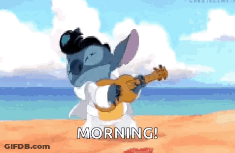 Cartoon Character Playing Ukulele On Beach In Robe GIF