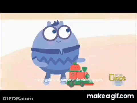 Cartoon Character Playing With Toy Train Saying Make A Gif.com GIF