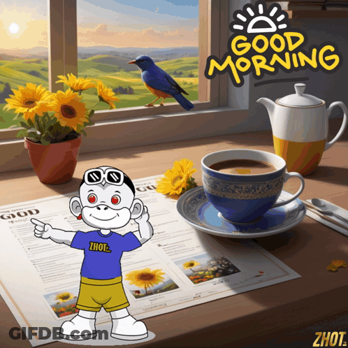 Cartoon Character Pointing At Coffee And Newspaper Saying Good Morning GIF