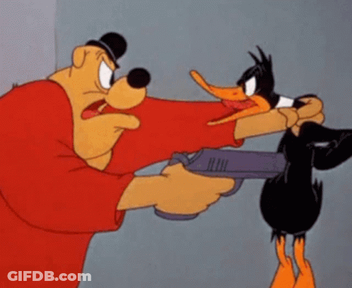 Cartoon Character Pointing Gun At Another GIF