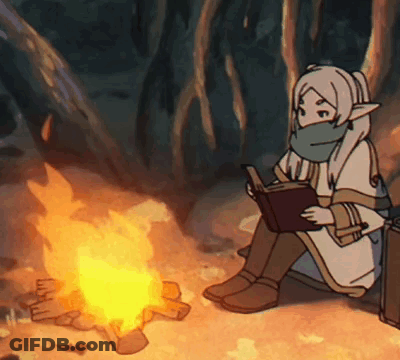 Cartoon Character Reading Book Beside Fire GIF