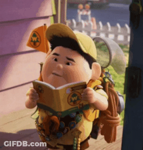 Cartoon Character Reading Book With Boy Scouts Logo GIF