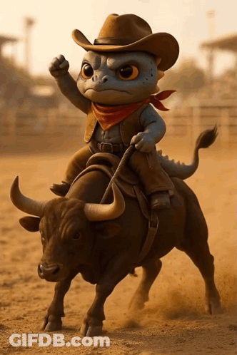 Cartoon Character Riding Bull With Cowboy Hat And Scarf GIF