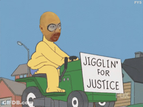 Cartoon Character Riding Lawn Mower Jigglin' For Justice GIF