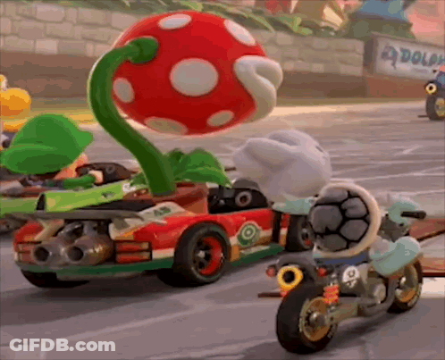 Cartoon Character Riding Motorcycle Beside Car With Plant GIF