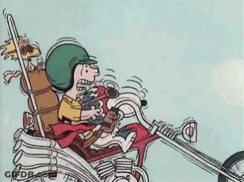 Cartoon Character Riding Motorcycle With Dog Behind GIF