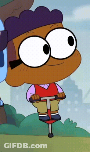 Cartoon Character Riding Pogo Stick With Big Eyes GIF