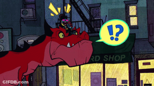 Cartoon Character Riding Red Dinosaur GIF