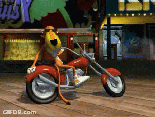 Cartoon Character Riding Red Motorcycle With Silly Sign GIF