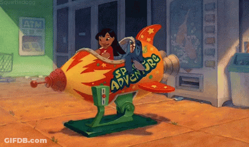 Cartoon Character Riding Rocket Saying Space Adventure GIF