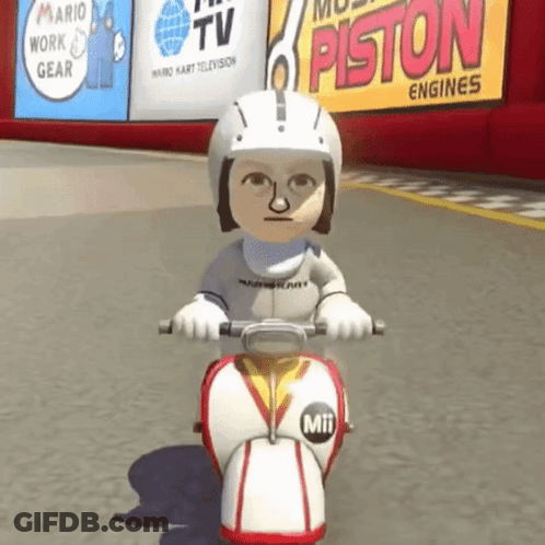 Cartoon Character Riding Scooter With Mii Logo GIF