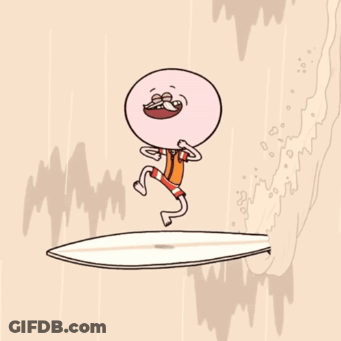 Cartoon Character Riding Surfboard With Wave GIF