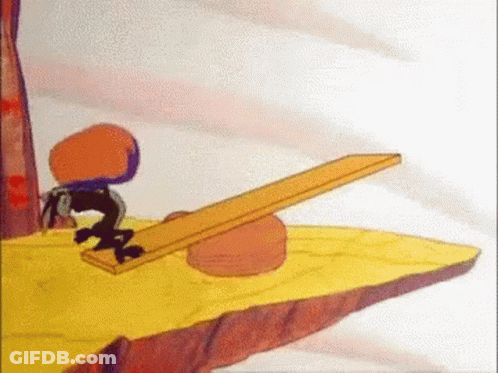 Cartoon Character Riding Wooden Seesaw On Cliff GIF