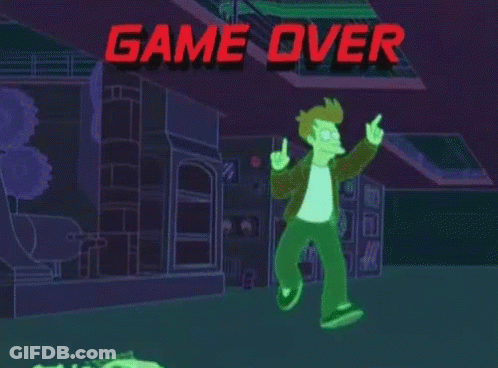 Cartoon Character Running In Front Of Game Over Sign GIF