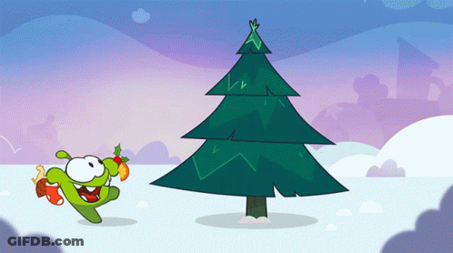 Cartoon Character Running Towards Christmas Tree With Gifts GIF