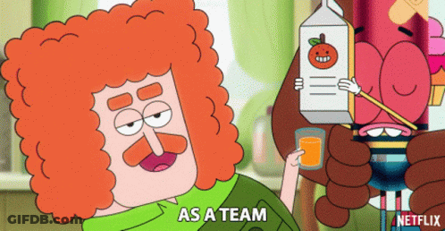 Cartoon Character Saying As A Team Holding Juice GIF