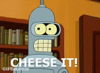 Cartoon Character Saying Cheese It In Front Of Bookshelf GIF