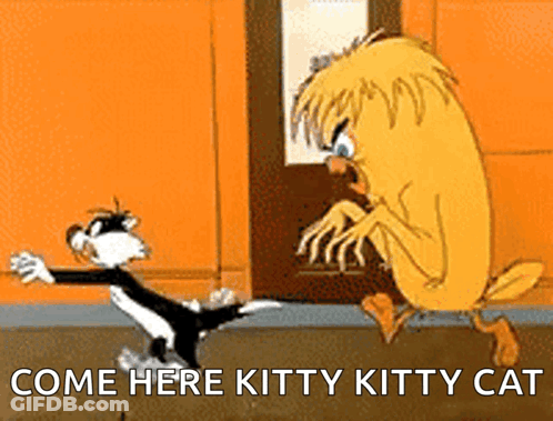 Cartoon Character Saying Come Here Kitty Kitty Cat In Front Of Door GIF