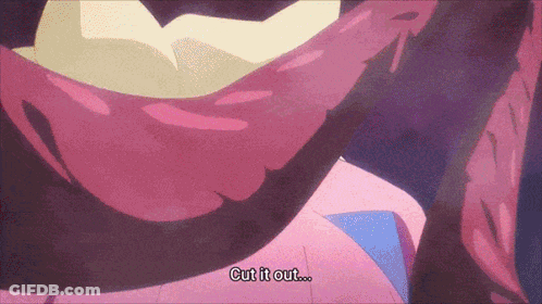 Cartoon Character Saying Cut It Out On Purple And Pink Background GIF