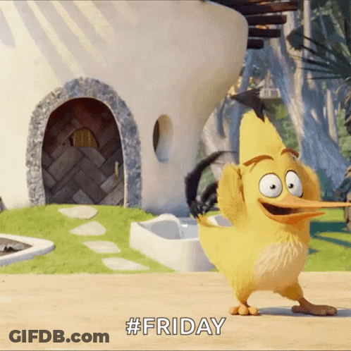 Cartoon Character Saying #Friday In Front Of Building GIF