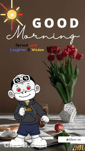 Cartoon Character Saying Good Morning Next To Vase Of Flowers GIF