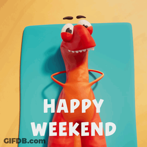 Cartoon Character Saying Happy Weekend Blue Mat GIF