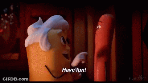 Cartoon Character Saying Have Fun Next To Sausage GIF