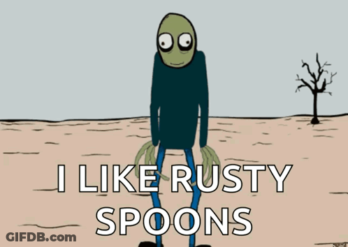 Cartoon Character Saying Hello I Like Rusty Spoons GIF