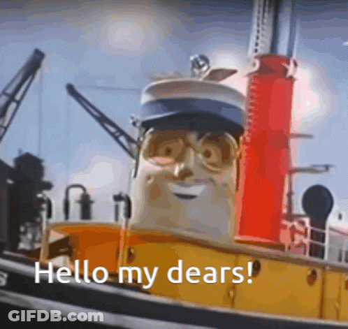Cartoon Character Saying Hello My Dears In Front Of Boat GIF