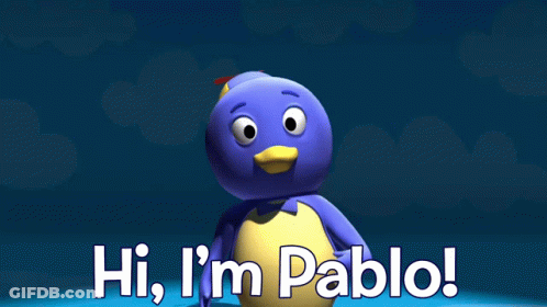 Cartoon Character Saying Hi I'm Pablo On Blue Background GIF