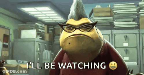 Cartoon Character Saying I'll Be Watching With Smiling Face GIF