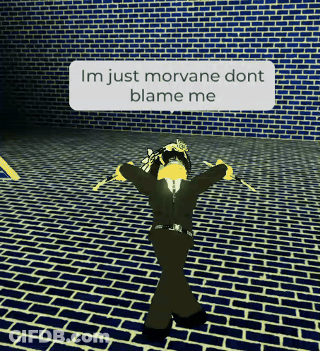 Cartoon Character Saying I'm Just Morvane Don't Blame Me In Front Of Brick Wall GIF